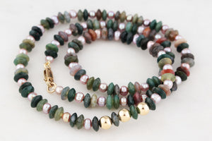 BESPOKE MOSS AGATE & PEARL NECKLACE 9ct GOLD