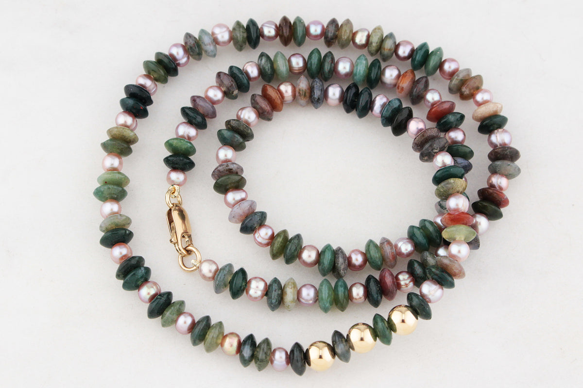 BESPOKE MOSS AGATE &amp; PEARL NECKLACE 9ct GOLD