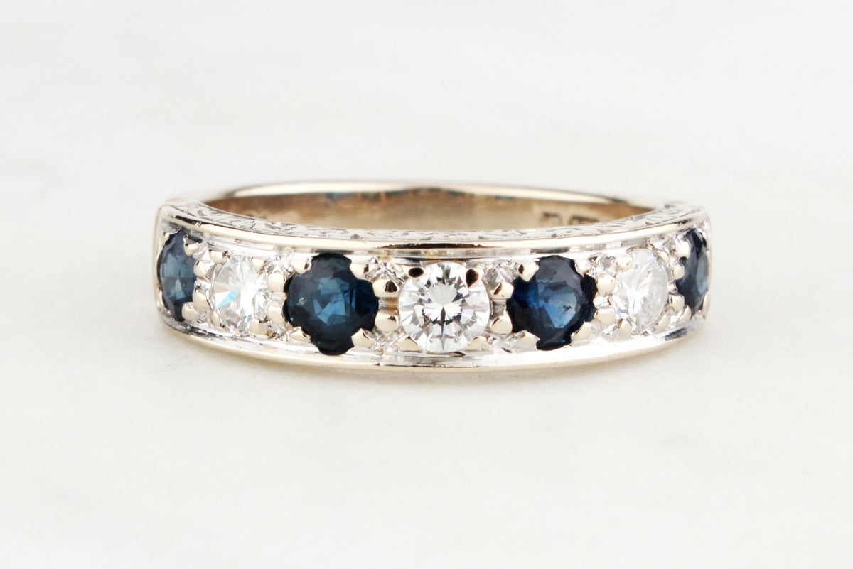 RETRO SAPPHIRE &amp; DIAMOND HALF HOOP RING 18ct GOLD