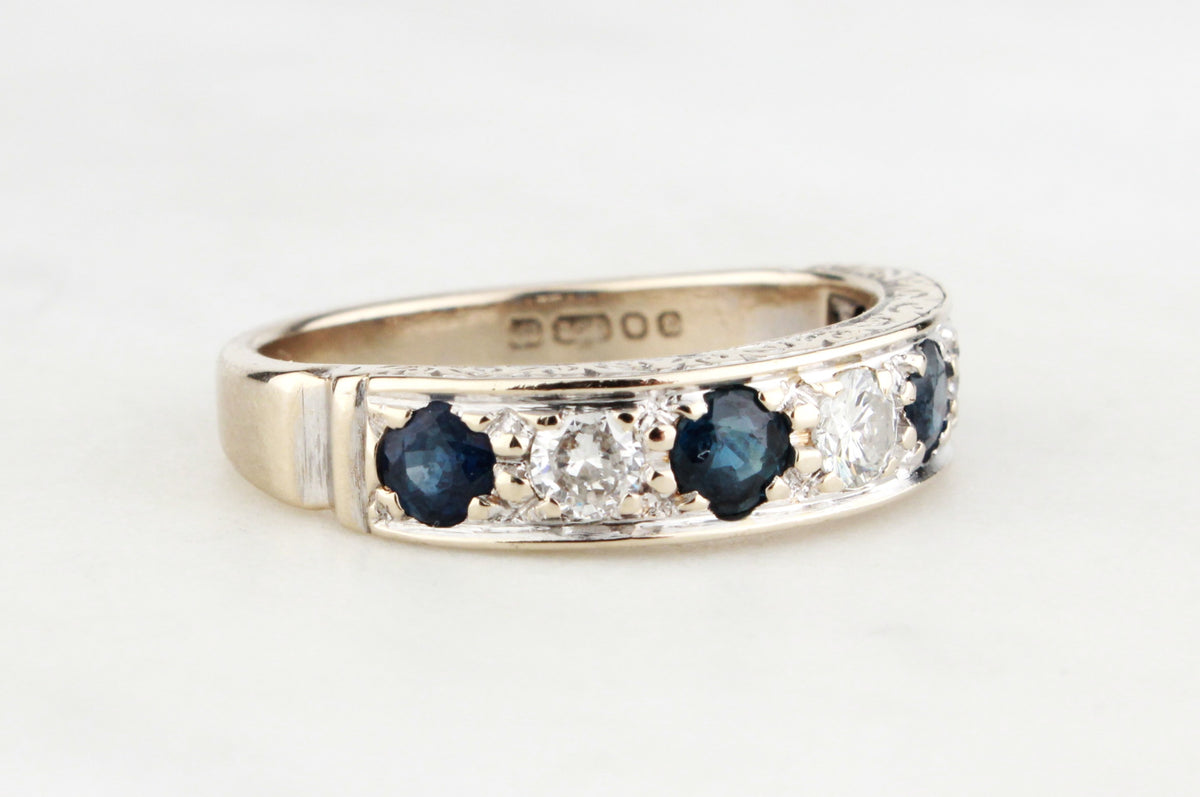 RETRO SAPPHIRE &amp; DIAMOND HALF HOOP RING 18ct GOLD