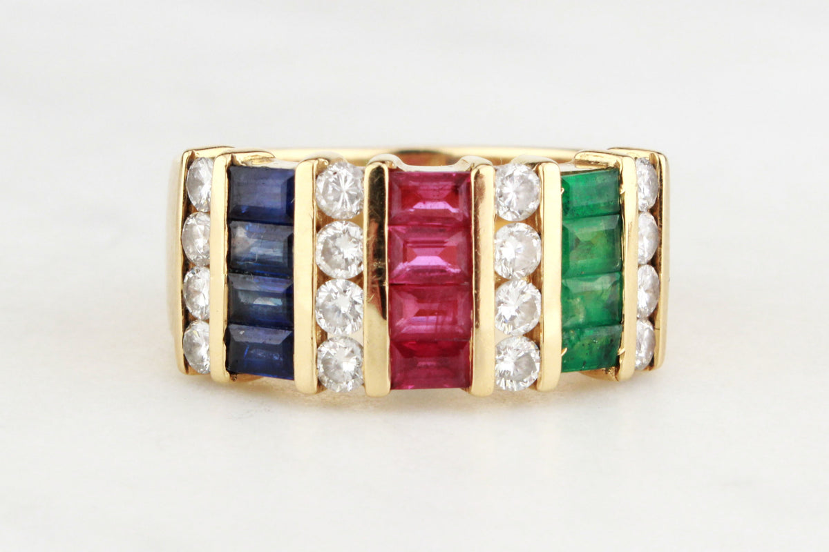 RETRO 80&#39;s EMERALD RUBY DIAMOND &amp; SAPPHIRE RING 18ct GOLD