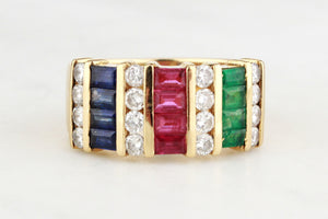 RETRO 80's EMERALD RUBY DIAMOND & SAPPHIRE RING 18ct GOLD