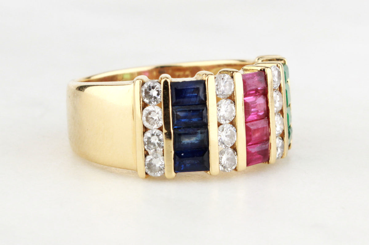 RETRO 80&#39;s EMERALD RUBY DIAMOND &amp; SAPPHIRE RING 18ct GOLD