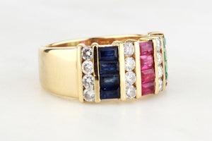 RETRO 80's EMERALD RUBY DIAMOND & SAPPHIRE RING 18ct GOLD