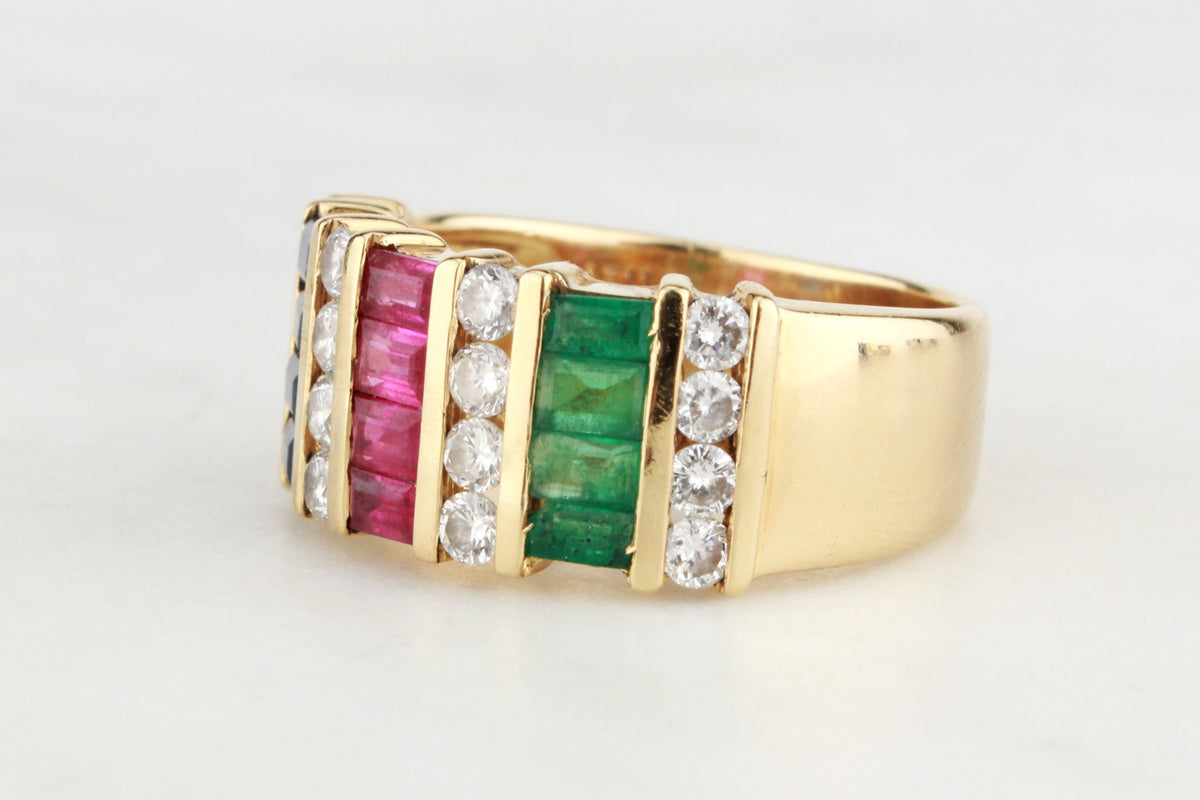 RETRO 80&#39;s EMERALD RUBY DIAMOND &amp; SAPPHIRE RING 18ct GOLD