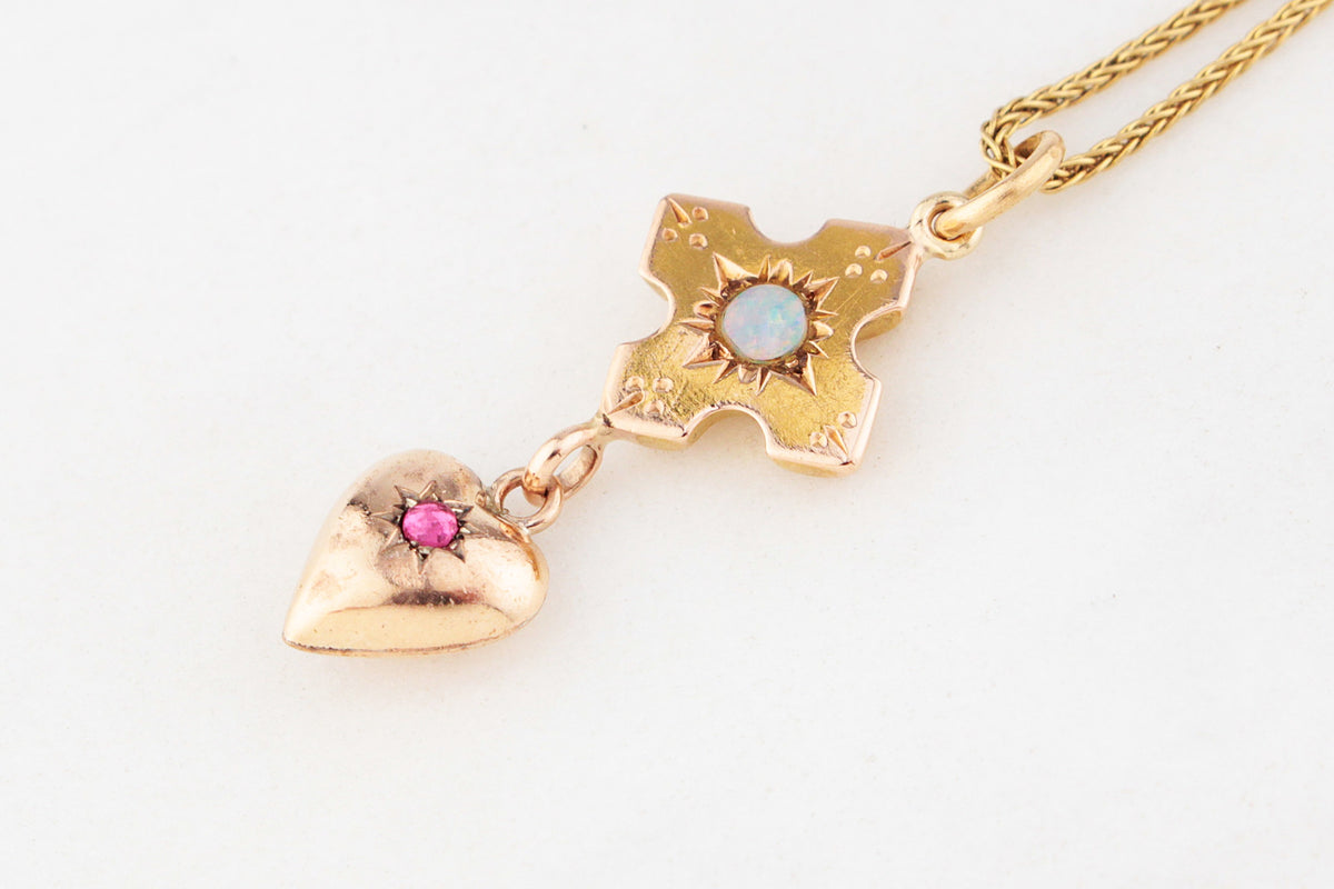 ANTIQUE OPAL &amp; RUBY PENDANT 9ct GOLD