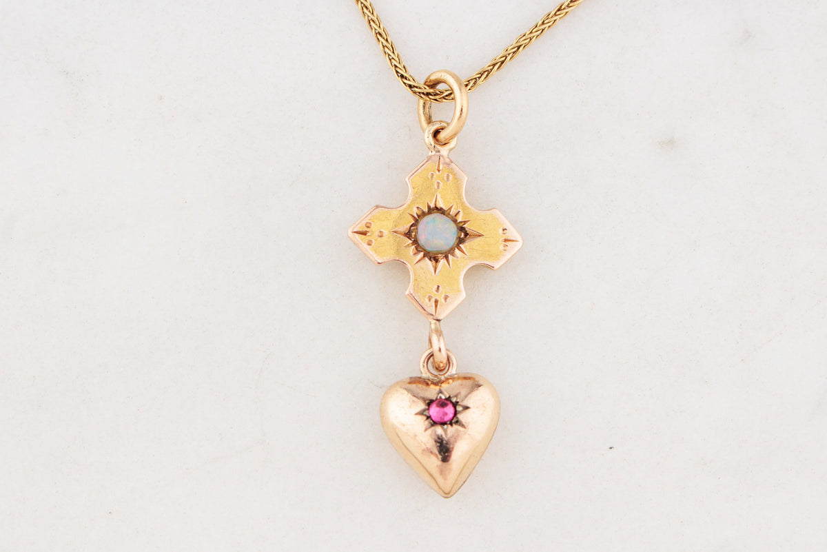 ANTIQUE OPAL &amp; RUBY PENDANT 9ct GOLD