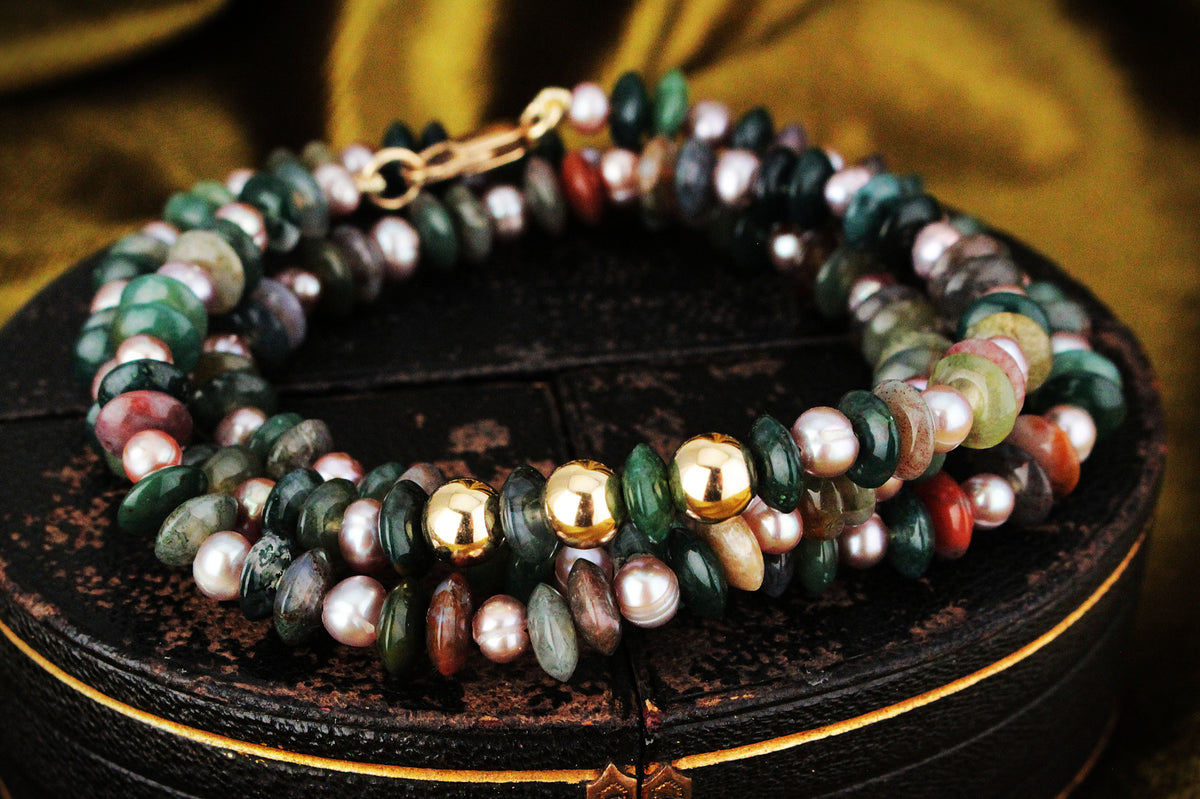 BESPOKE MOSS AGATE &amp; PEARL NECKLACE 9ct GOLD