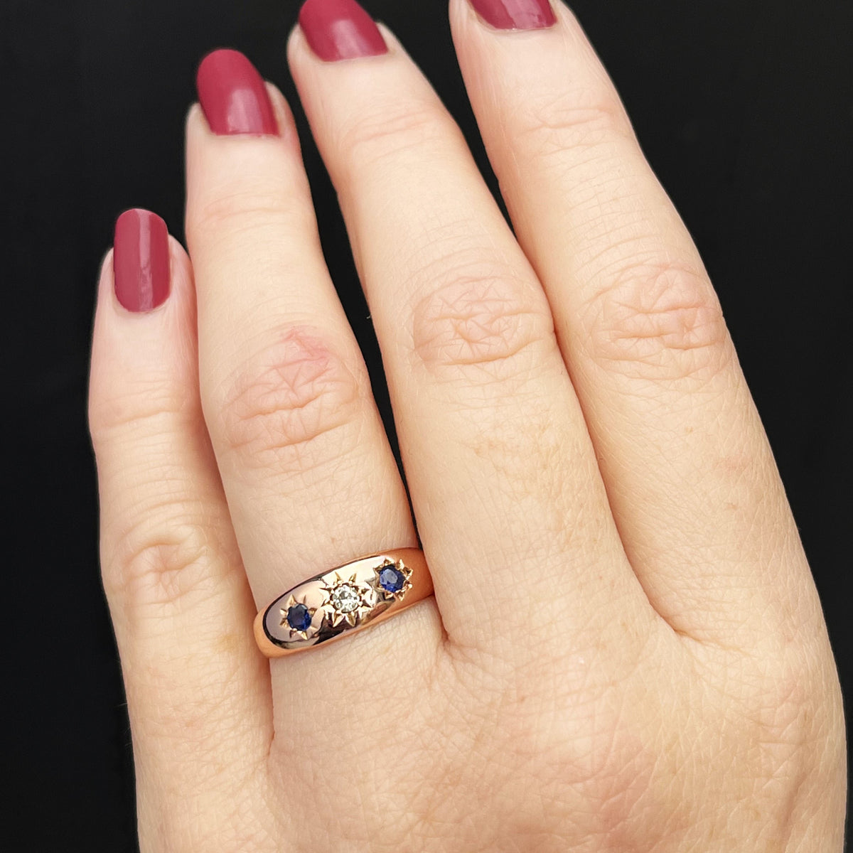 ANTIQUE EDWARDIAN c1900 SAPPHIRE & DIAMOND RING 9ct ROSE GOLD