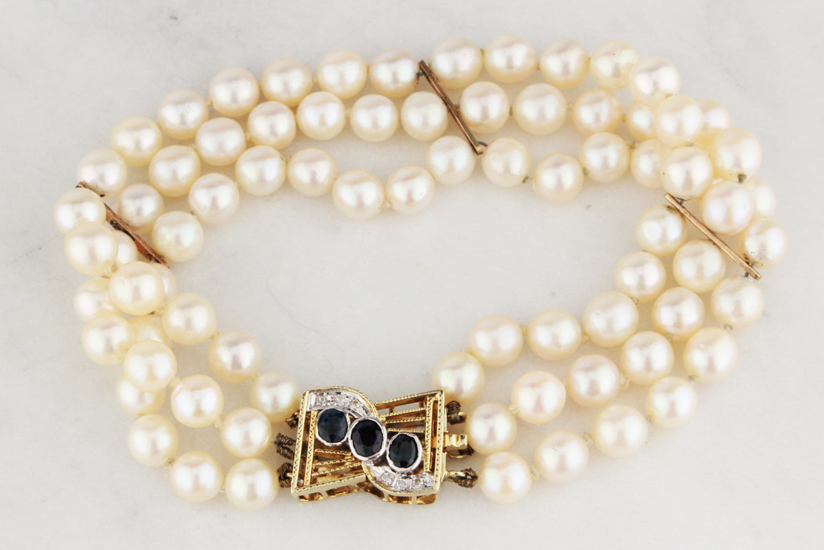 VINTAGE SAPPHIRE &amp; DIAMOND TRIPLE STRAND PEARL BRACELET 14ct GOLD