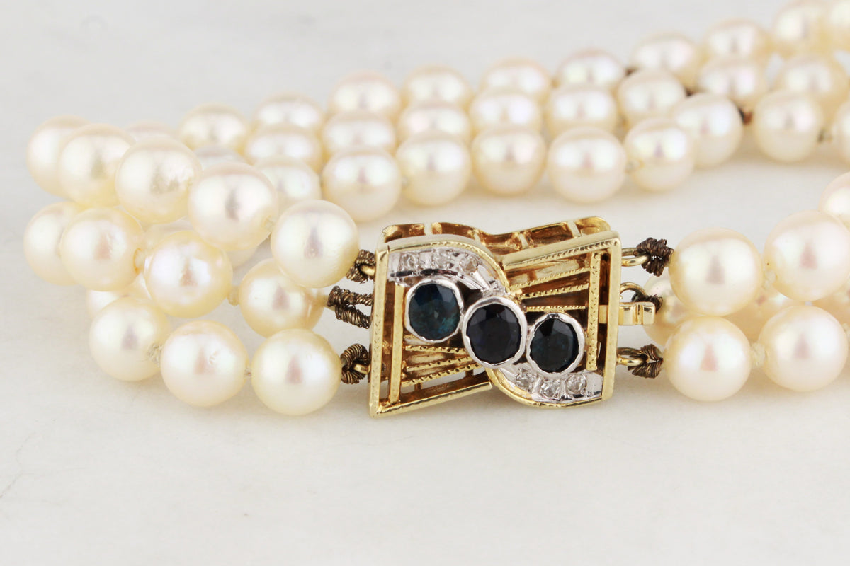VINTAGE SAPPHIRE &amp; DIAMOND TRIPLE STRAND PEARL BRACELET 14ct GOLD