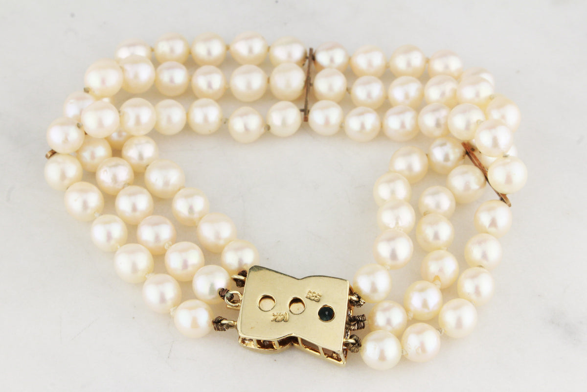 VINTAGE SAPPHIRE &amp; DIAMOND TRIPLE STRAND PEARL BRACELET 14ct GOLD