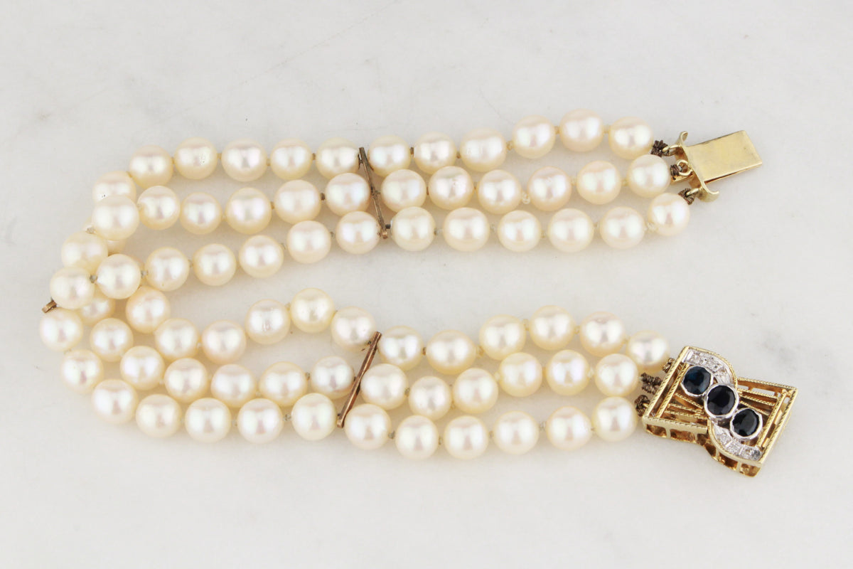 VINTAGE SAPPHIRE &amp; DIAMOND TRIPLE STRAND PEARL BRACELET 14ct GOLD