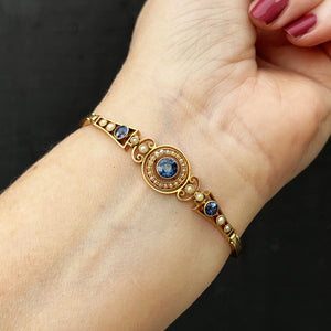 ANTIQUE EDWARDIAN c1900 SAPPHIRE & PEARL BRACLET 15ct GOLD