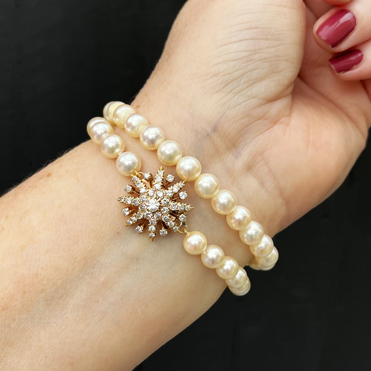 LATE ART DECO c1940 AKOYA PEARL STRAND DIAMOND CLOSURE 14ct ROSE GOLD
