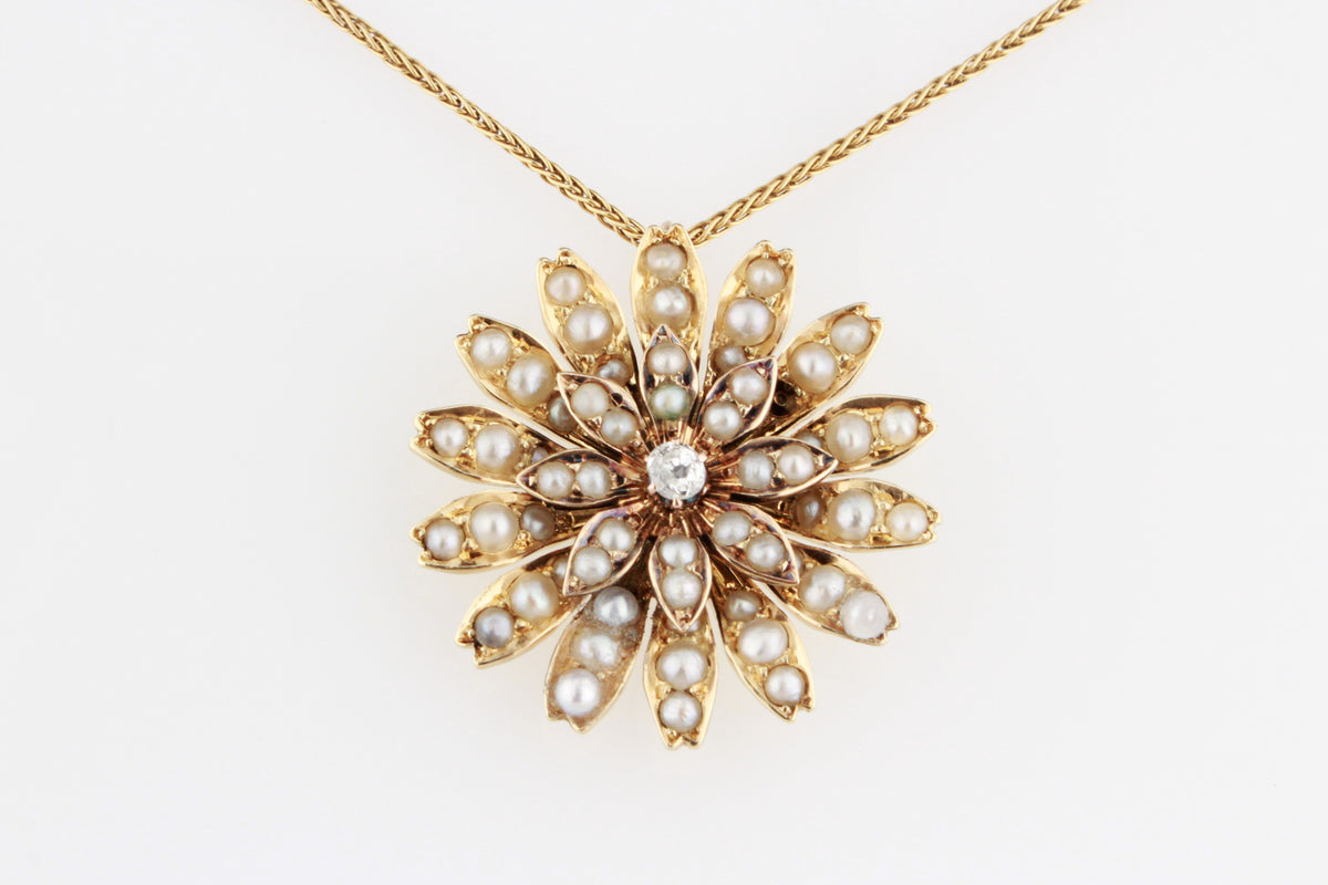 ANTIQUE VICTORIAN DIAMOND &amp; SEED PEARL PENDANT 15ct GOLD