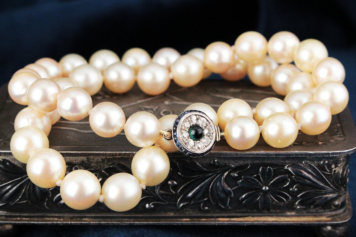 ART DECO PEARLS WITH SAPPHIRE &amp; DIAMOND CLASP 18ct GOLD