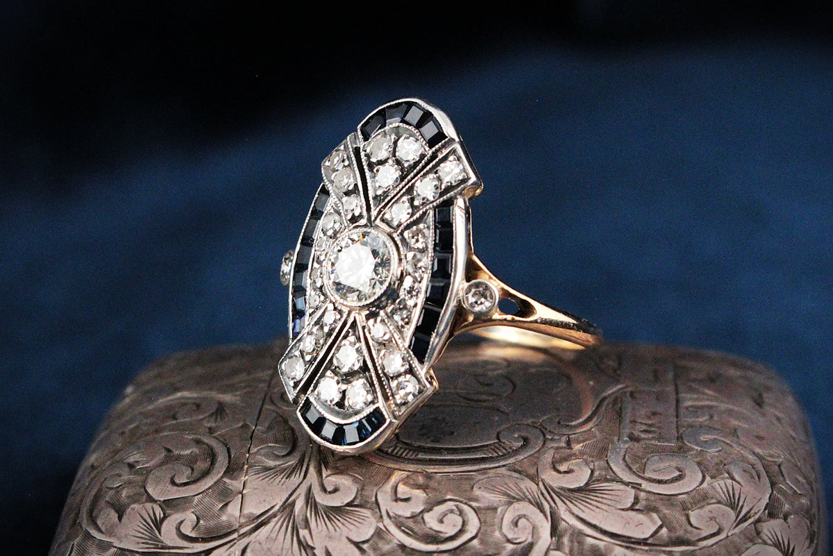 ANTIQUE ART DECO SAPPHIRE &amp; DIAMOND RING 18ct GOLD