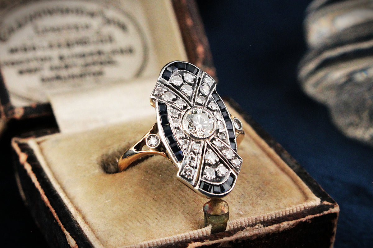 ANTIQUE ART DECO SAPPHIRE &amp; DIAMOND RING 18ct GOLD