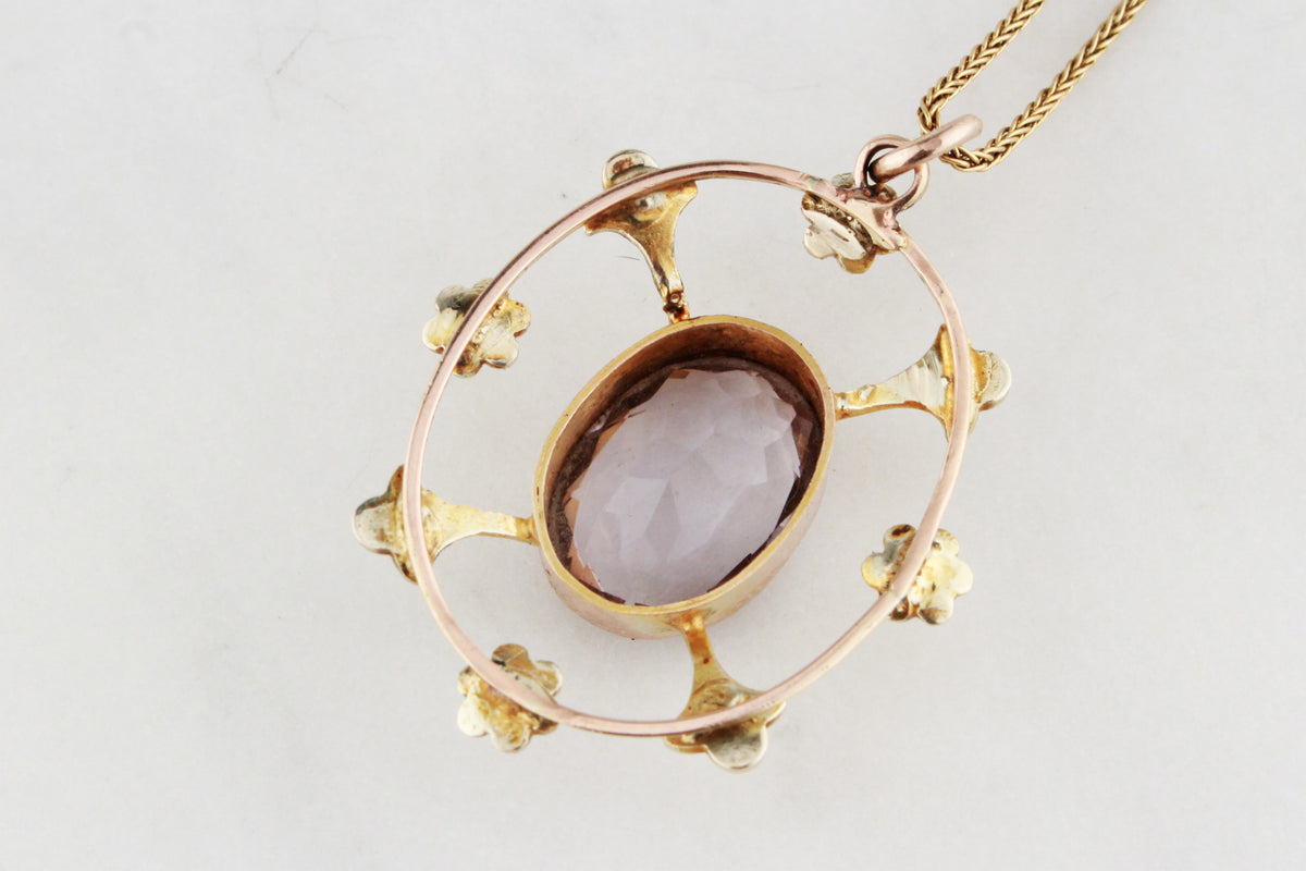ANTIQUE EDWARDIAN ROSE De FRANCE AMETHYST &amp; SEED PEARL PENDANT 9ct GOLD