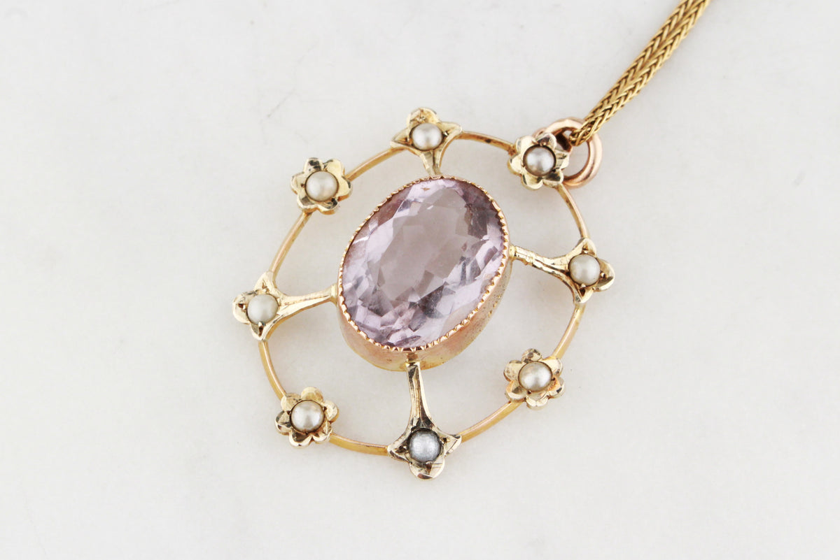 ANTIQUE EDWARDIAN ROSE De FRANCE AMETHYST &amp; SEED PEARL PENDANT 9ct GOLD