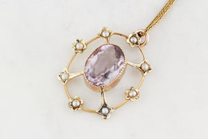 ANTIQUE EDWARDIAN ROSE De FRANCE AMETHYST & SEED PEARL PENDANT 9ct GOLD