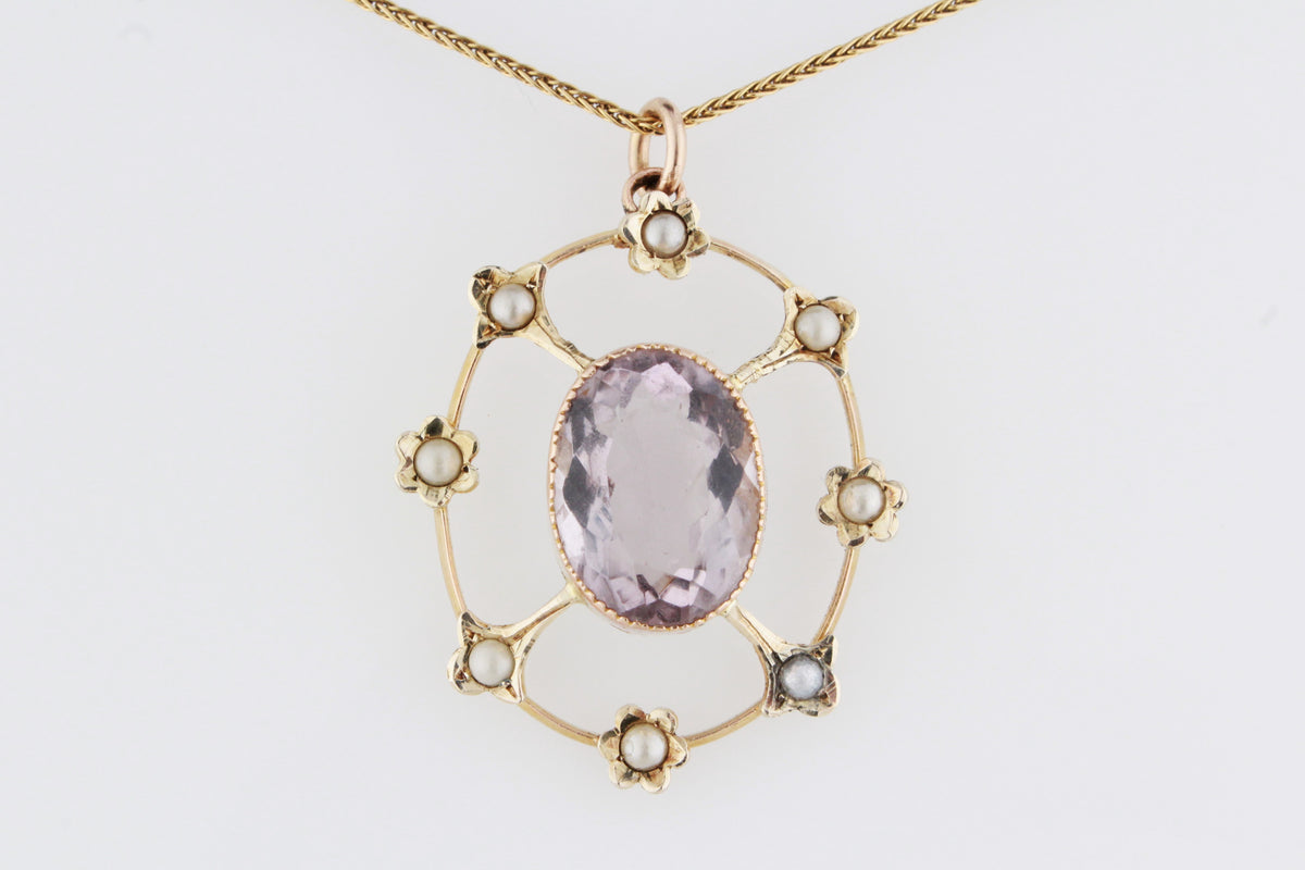 ANTIQUE EDWARDIAN ROSE De FRANCE AMETHYST &amp; SEED PEARL PENDANT 9ct GOLD
