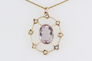 ANTIQUE EDWARDIAN ROSE De FRANCE AMETHYST & SEED PEARL PENDANT 9ct GOLD