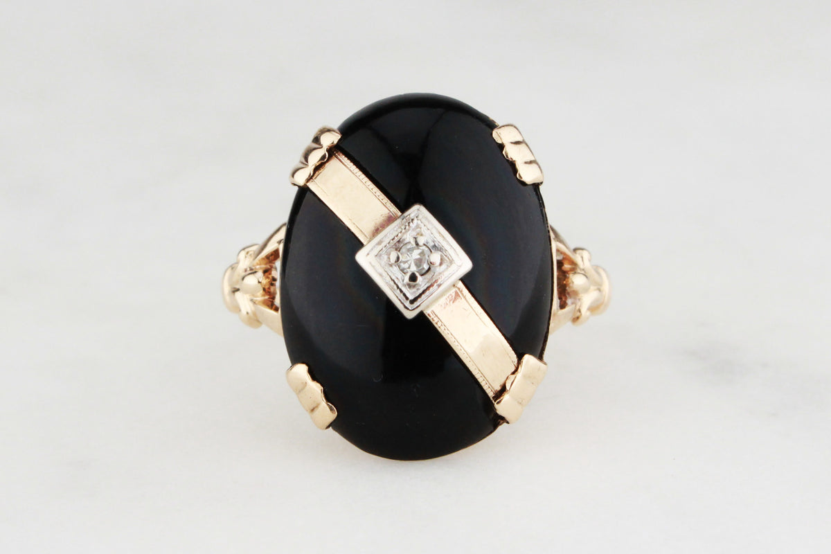 ART DECO c1930/40 ONYX &amp; DIAMOND RING 10ct GOLD