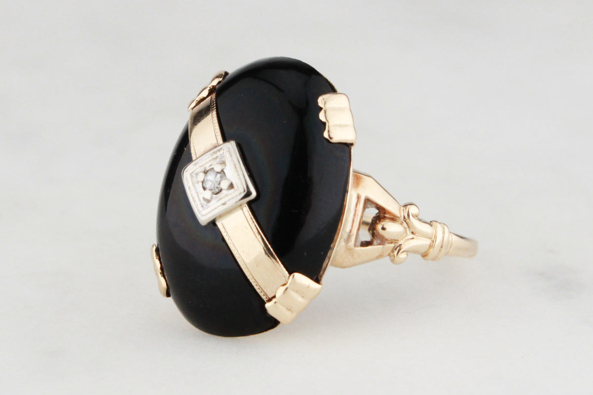 ART DECO c1930/40 ONYX &amp; DIAMOND RING 10ct GOLD