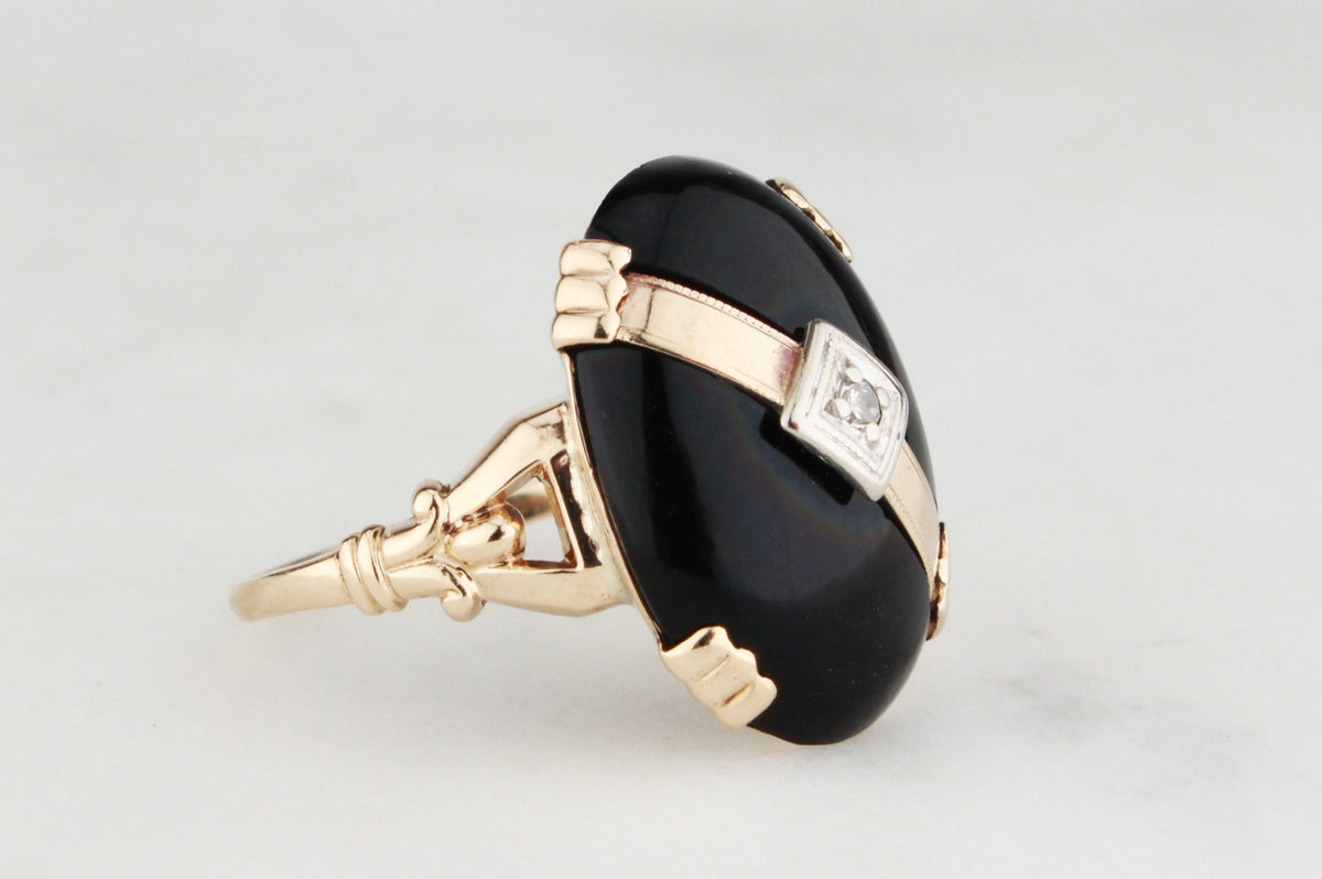 ART DECO c1930/40 ONYX &amp; DIAMOND RING 10ct GOLD