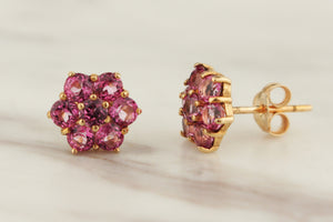 MODERN PINK TOPAZ FLORAL CLUSTER STUDS 9ct YELLOW GOLD