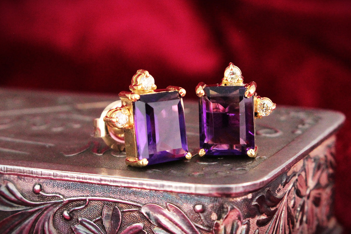 VINTAGE AMETHYST & DIAMOND EARRINGS 18ct GOLD
