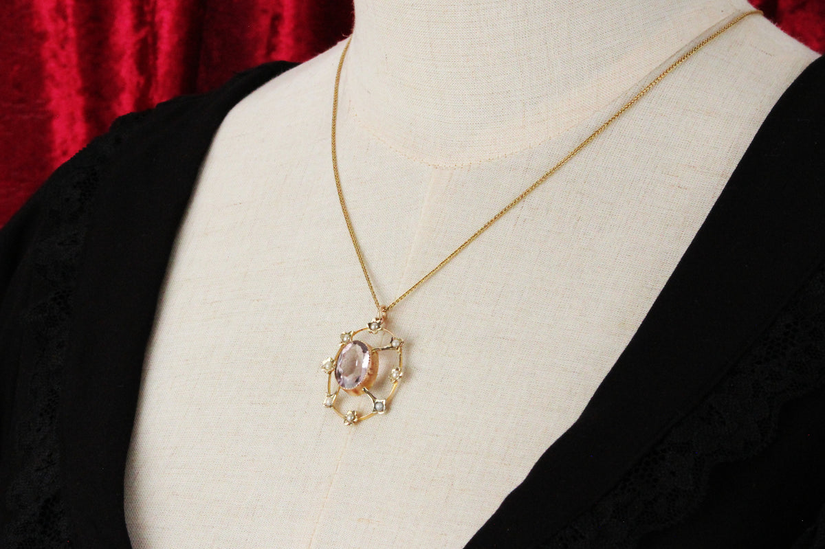 ANTIQUE EDWARDIAN ROSE De FRANCE AMETHYST &amp; SEED PEARL PENDANT 9ct GOLD