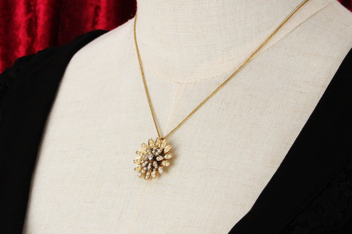 ANTIQUE VICTORIAN DIAMOND &amp; SEED PEARL PENDANT 15ct GOLD