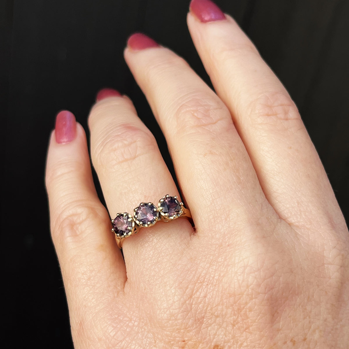 R&amp;V BESPOKE SAPPHIRE TRILOGY RING 9ct YELLOW GOLD