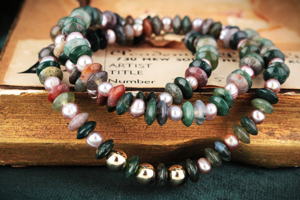 BESPOKE MOSS AGATE &amp; PEARL NECKLACE 9ct GOLD