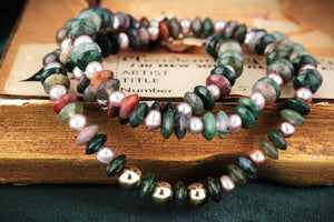 BESPOKE MOSS AGATE & PEARL NECKLACE 9ct GOLD