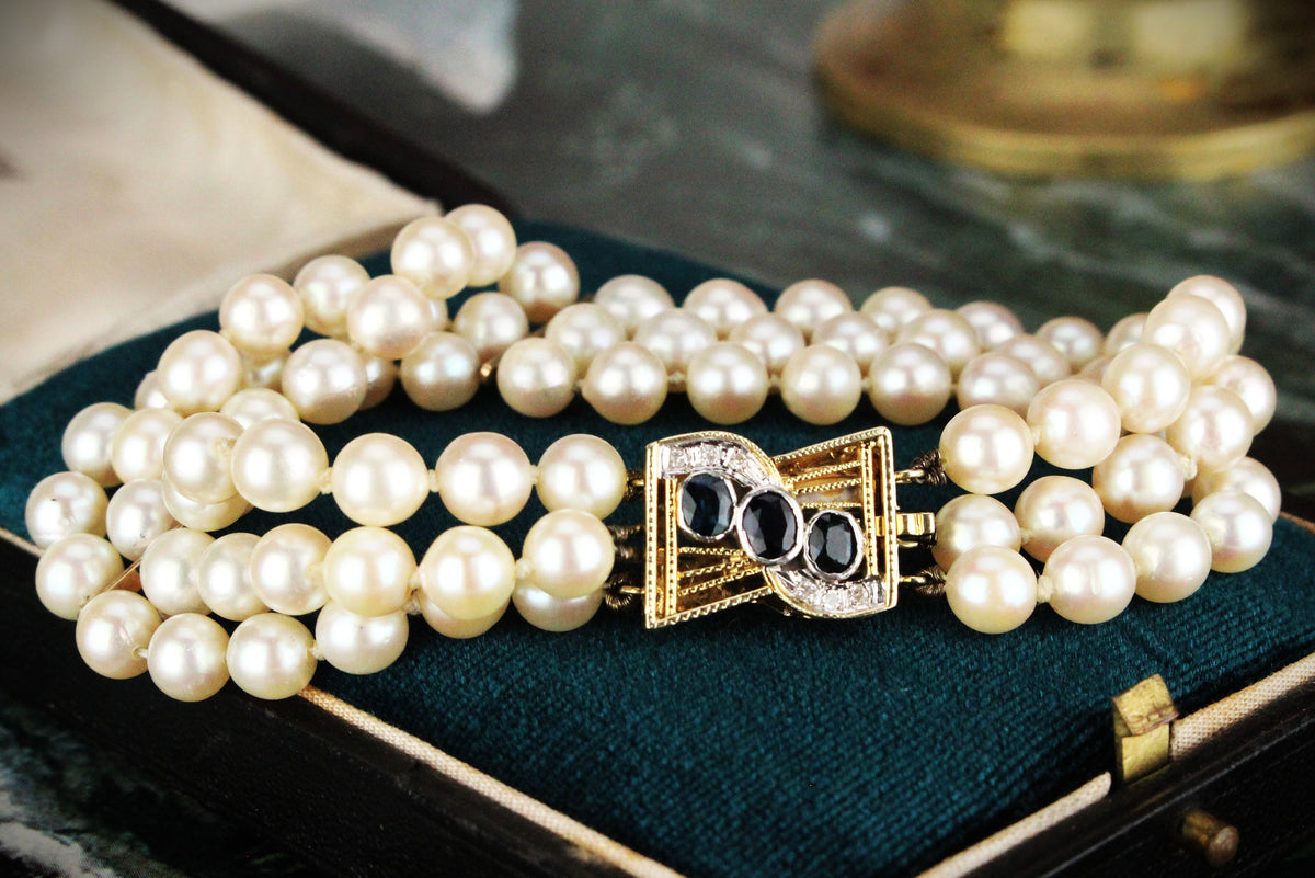VINTAGE SAPPHIRE &amp; DIAMOND TRIPLE STRAND PEARL BRACELET 14ct GOLD