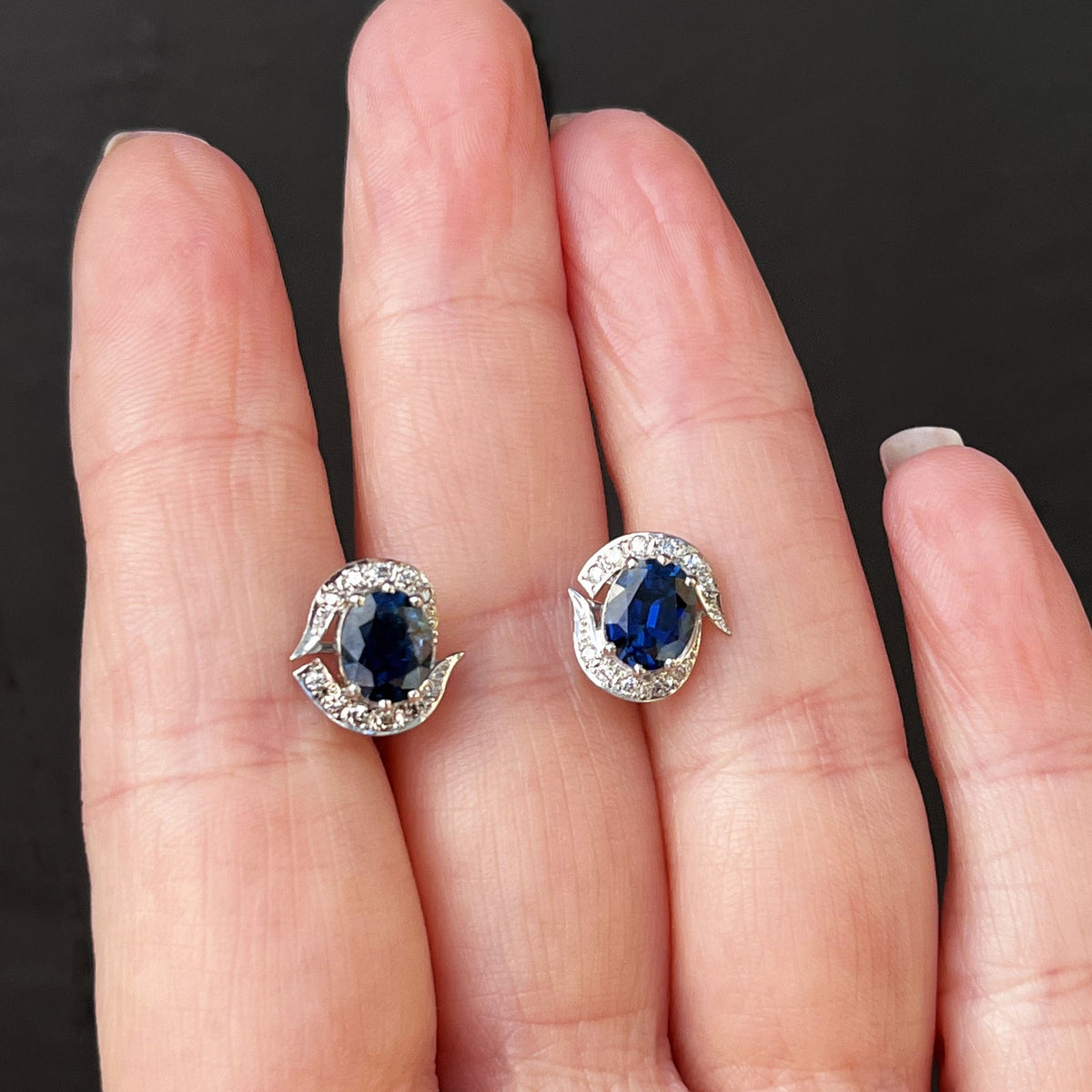 VINTAGE c1940 SAPPHIRE &amp; DIAMOND EARRINGS 18ct WHITE GOLD