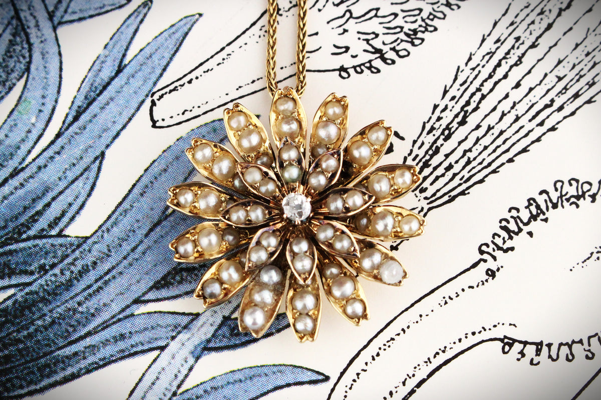 ANTIQUE VICTORIAN DIAMOND &amp; SEED PEARL PENDANT 15ct GOLD