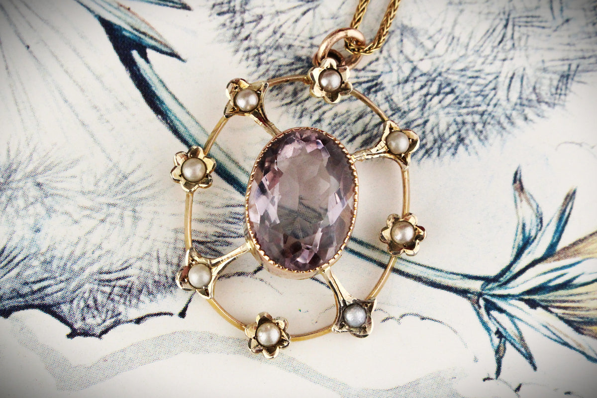 ANTIQUE EDWARDIAN ROSE De FRANCE AMETHYST &amp; SEED PEARL PENDANT 9ct GOLD