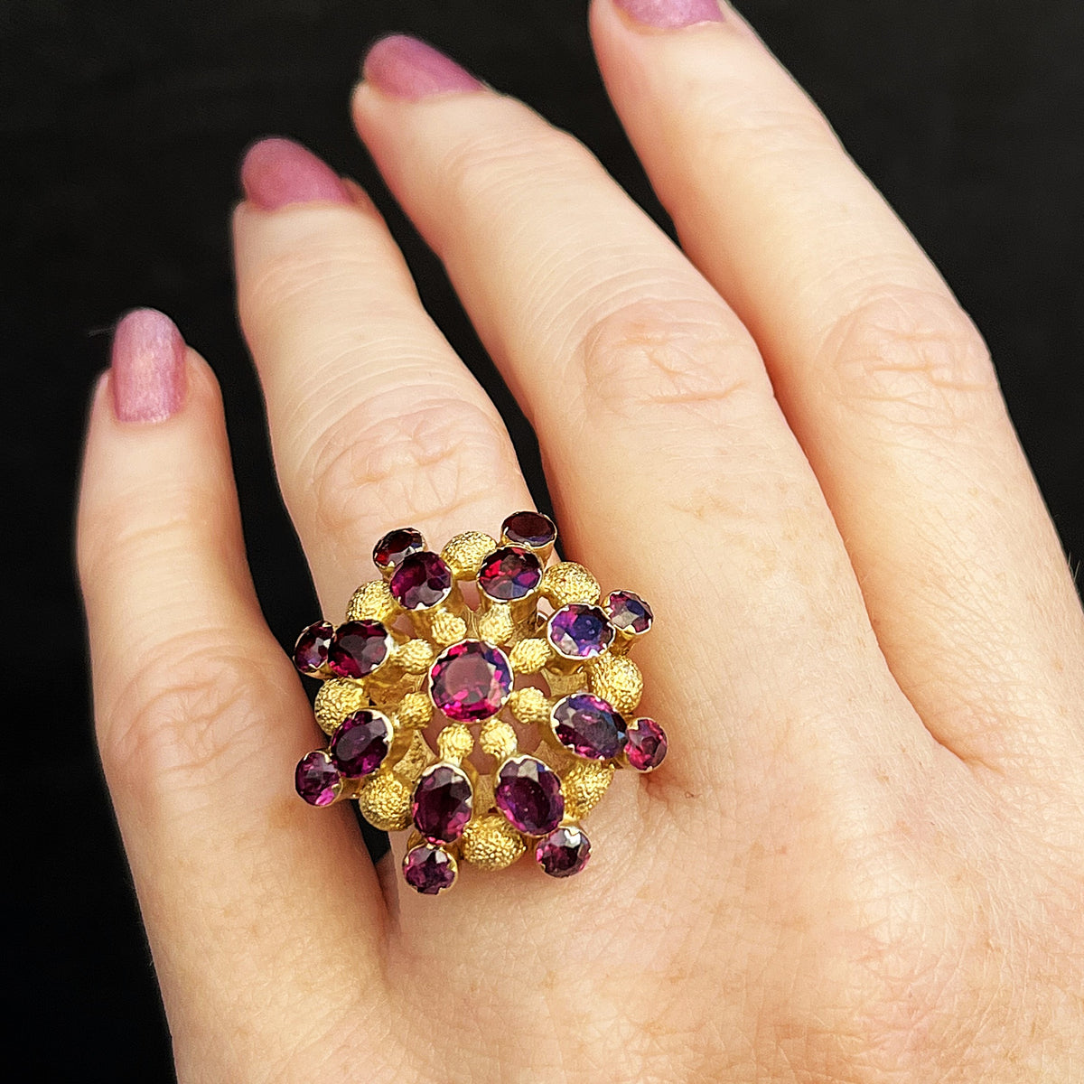 VINTAGE 1940’S PYROPE GARNET COCKTAIL RING 14ct GOLD