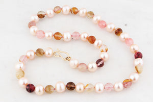 BESPOKE BLUSH PEARL & TOURMALINE IN QUARTZ NECKLACE 9ct GOLD