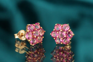 MODERN PINK TOPAZ FLORAL CLUSTER STUDS 9ct YELLOW GOLD