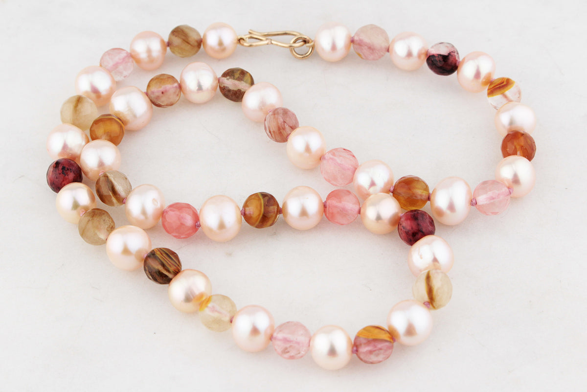 BESPOKE BLUSH PEARL &amp; TOURMALINE IN QUARTZ NECKLACE 9ct GOLD