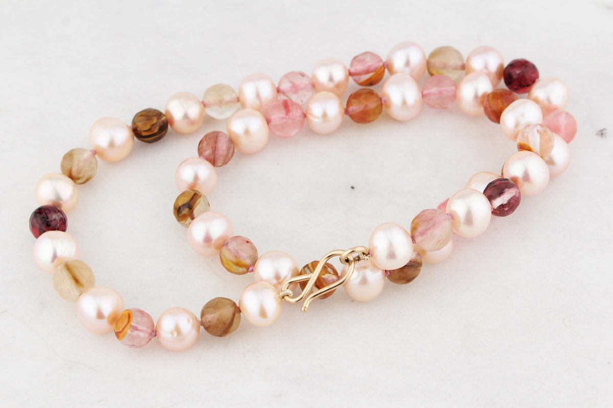 BESPOKE BLUSH PEARL &amp; TOURMALINE IN QUARTZ NECKLACE 9ct GOLD