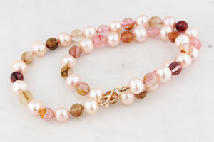 BESPOKE BLUSH PEARL & TOURMALINE IN QUARTZ NECKLACE 9ct GOLD