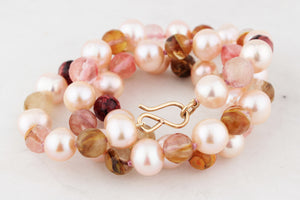BESPOKE BLUSH PEARL & TOURMALINE IN QUARTZ NECKLACE 9ct GOLD