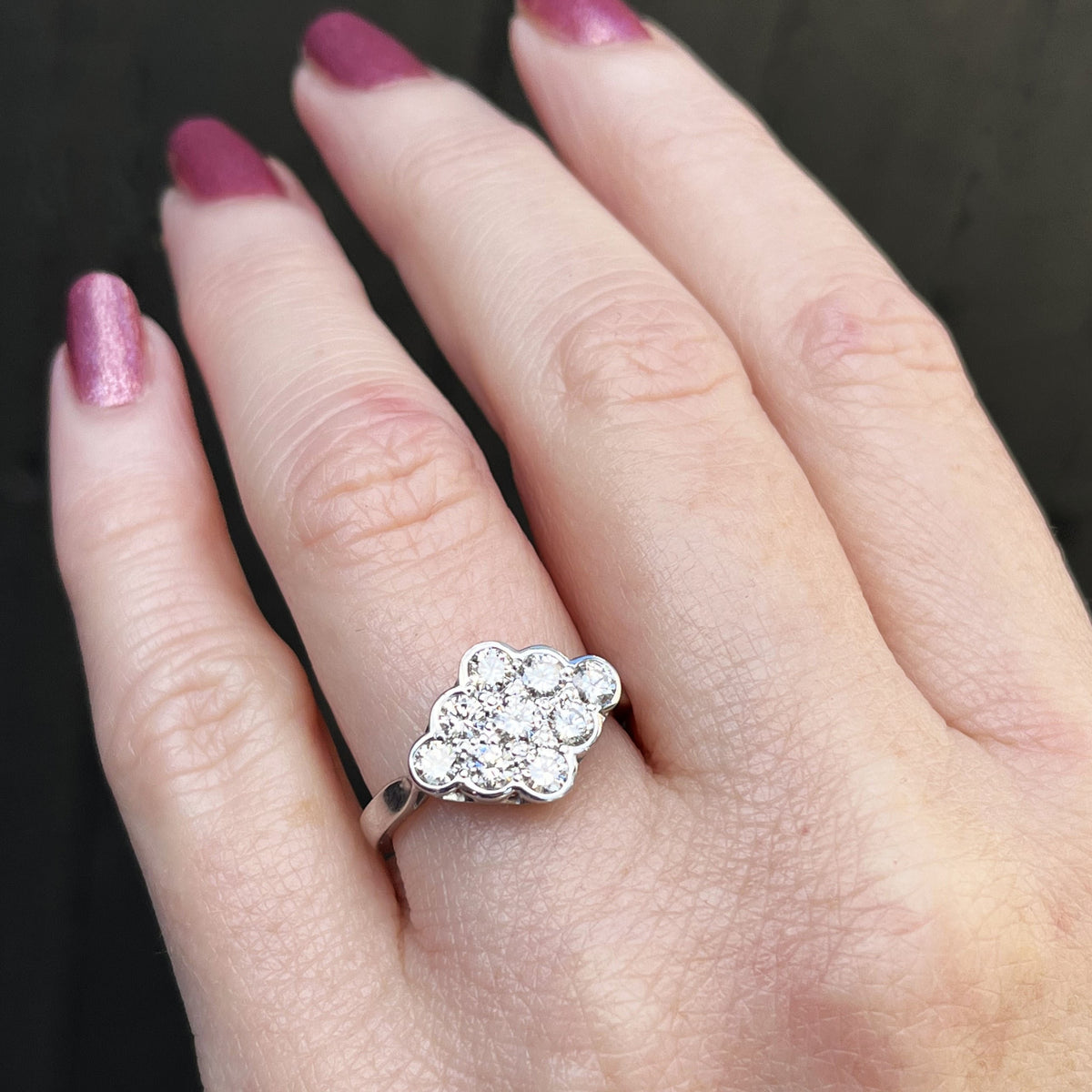 VINTAGE ESTATE 1ct DIAMOND CLUSTER RING 18ct WHITE GOLD